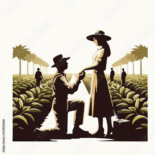 image of a man proposing to a woman in 1945 on a plantation using a simple and minimalist flat design using a white background