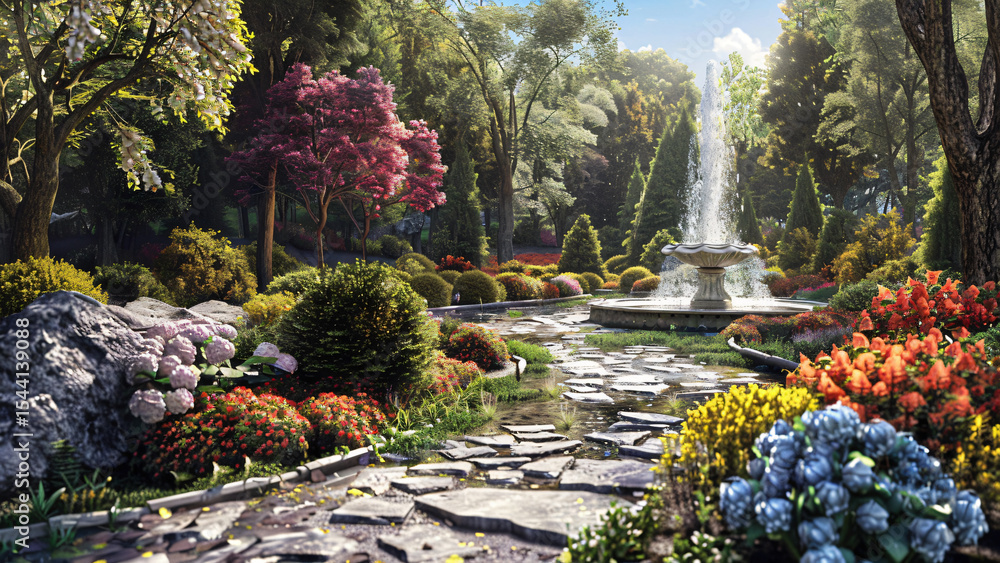 Obraz premium Elegant garden path with blooming flowers and distant water fountain