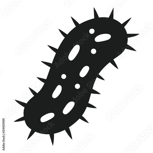 Black bacterium or virus microorganism, a spiky, elongated silhouette with internal dots, ideal for scientific, health, and disease-related visuals