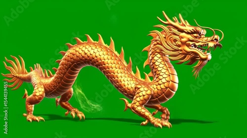Golden Chinese Dragon on Green Screen