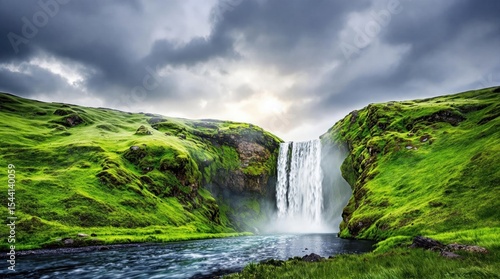 Majestic waterfall cascades down a lush green cliff under a dramatic, cloudy sky