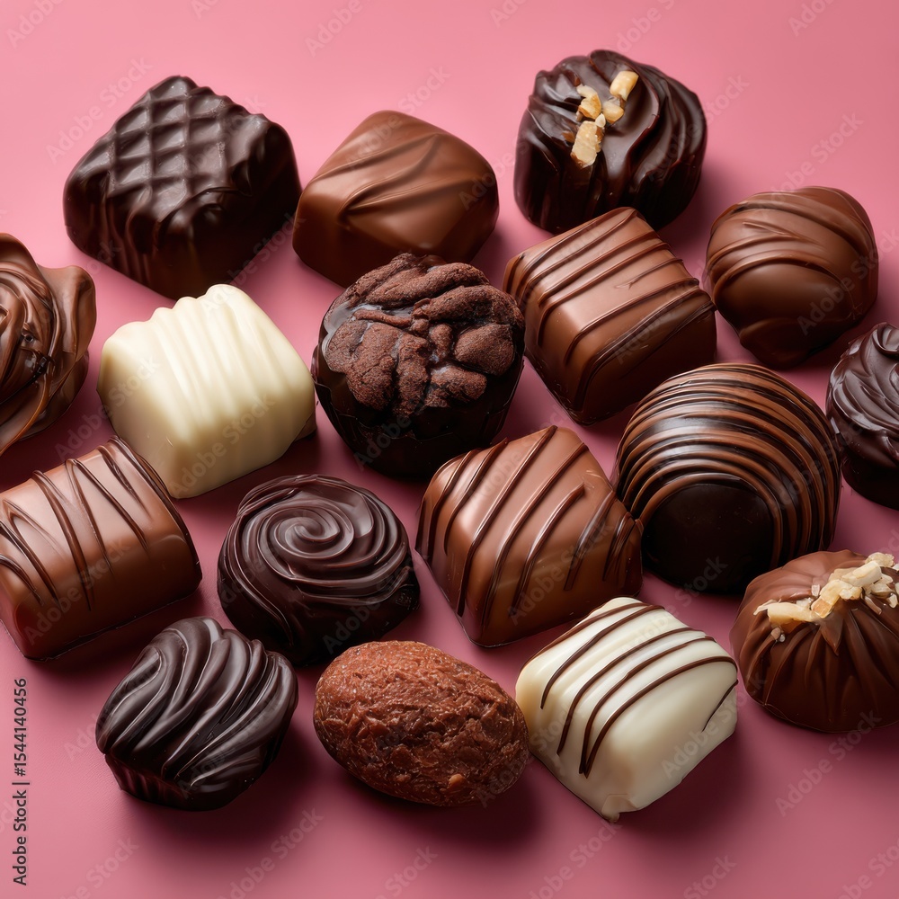 Assorted chocolate candies on pink background for dessert, gift, and holiday use cases Assorted chocolate candies on pink background for dessert, gift, and holiday use cases