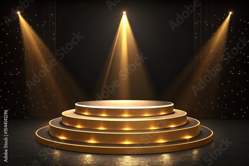 A three tiered gold podium with sparkling glitter sits on a black stage illuminated by spotlights creating a dramatic award ceremony scene