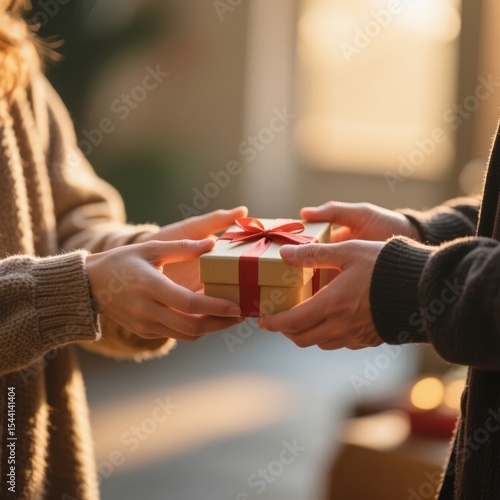 A close-up of two people exchanging a small, wrapped gift with a red ribbon, symbolizing giving, generosity, and the holiday season, conveying warmth and personal connection .