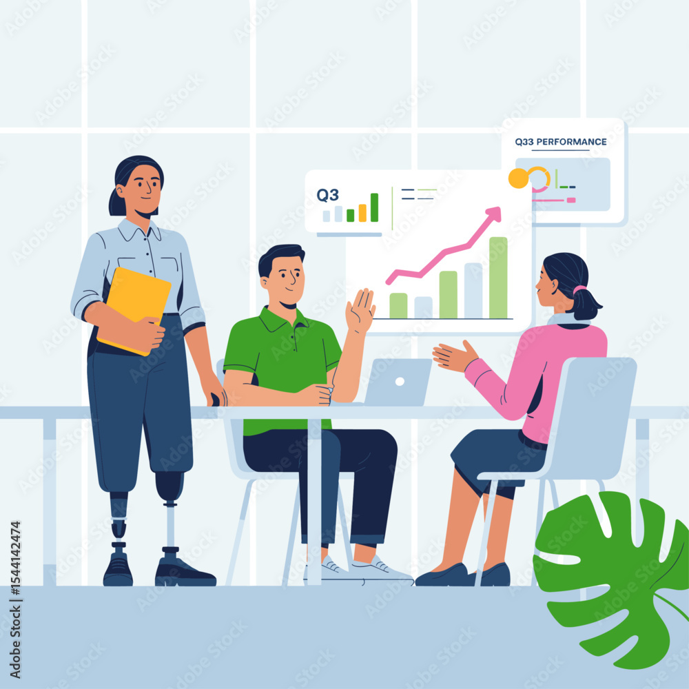 Inclusive business meeting illustration featuring a woman with a prosthetic leg presenting data to colleagues in a modern office setting
Inclusive business meeting illustration featuring a woman with a prosthetic leg presenting data to colleagues in a modern office setting