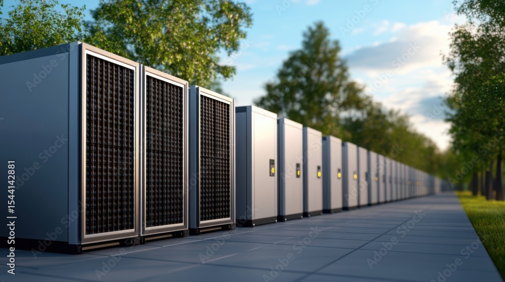 Naklejka premium Modern Industrial Cooling Systems Aligned in a Bright Outdoor Setting