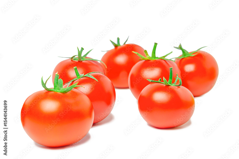 Group of ripe, juicy red tomato fruits with green twigs, illuminated by light highlights, isolated on a transparent white background, there are small translucent shadows. Blank for artworks, montage Group of ripe, juicy red tomato fruits with green twigs, illuminated by light highlights, isolated on a transparent white background, there are small translucent shadows. Blank for artworks, montage