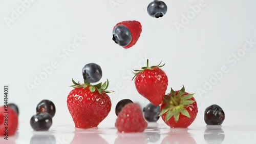 Fresh Berries Falling in Slow Motion on White Background