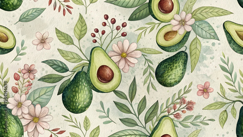 High resolution image showing a seamless pattern of avocado fruit mixed with floral patterns for printing on fabric, wallpaper, clothing or accessories.