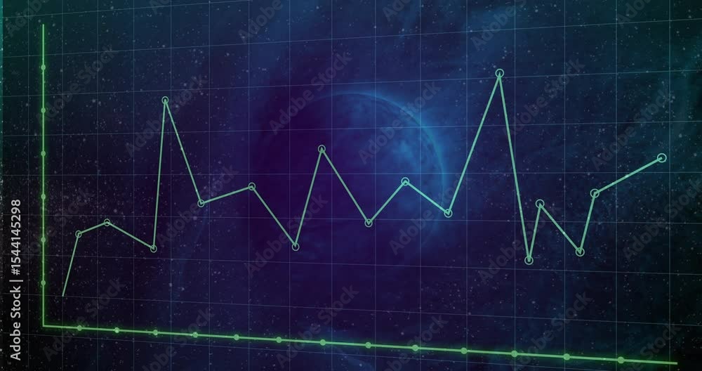 Jagged green graph appearing over neon-blue grid rising, spiking, retracting visualizing data trend Jagged green graph appearing over neon-blue grid rising, spiking, retracting visualizing data trend
