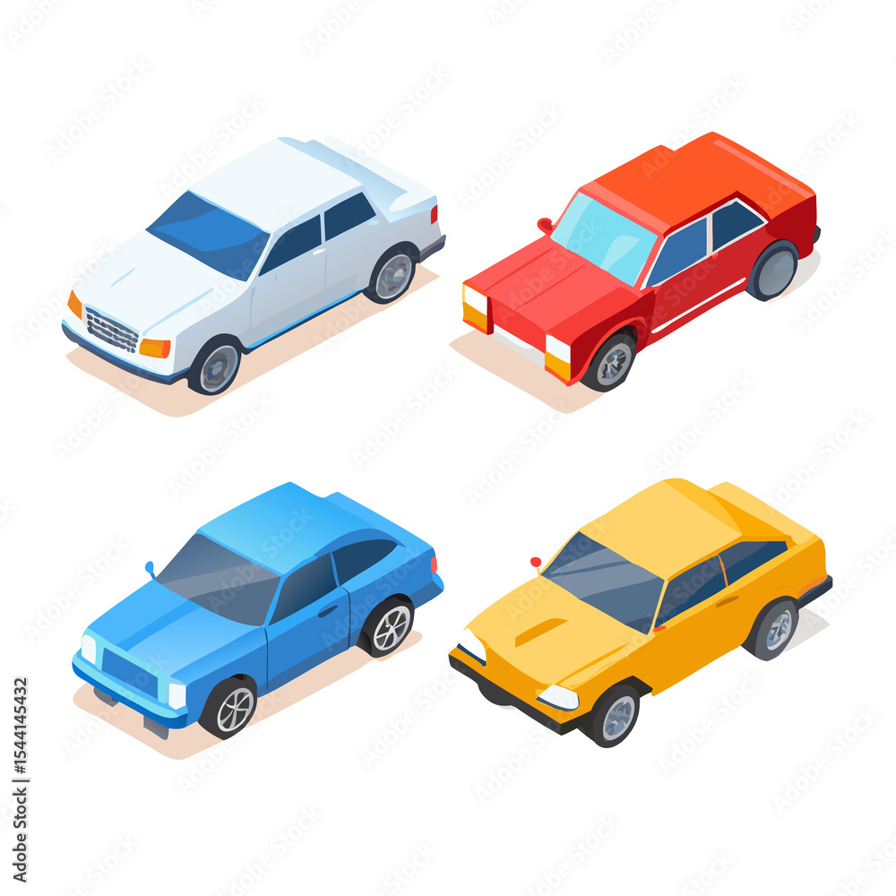 Fototapeta premium Four Car Icon Styles Realistic Isometric Vector Illustrations