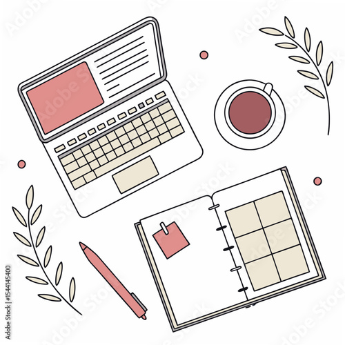 Professional laptop, notebook, and coffee flatlay design element