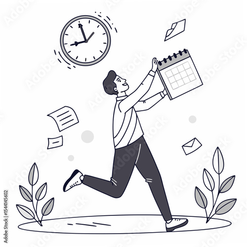 Busy man running with calendar clock papers design element