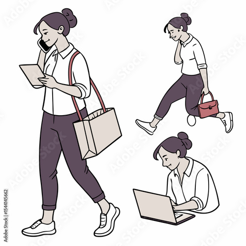 Busy woman multitasking phone tablet laptop bag