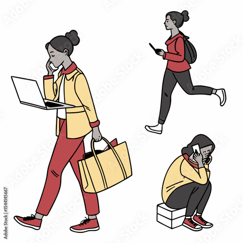 Busy women multitasking modern life laptop phone bag