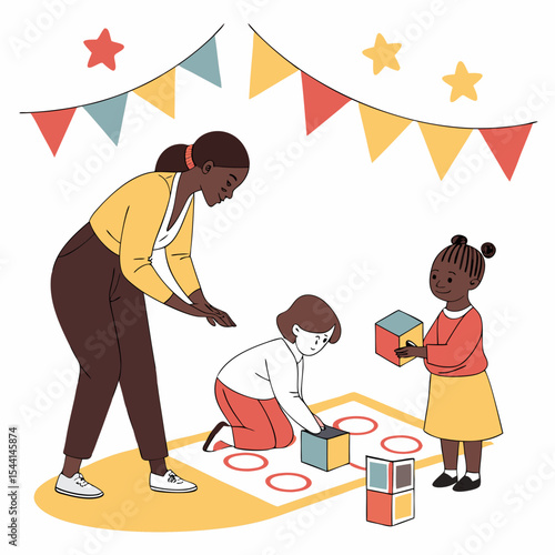 Teacher and children playing with blocks at party
