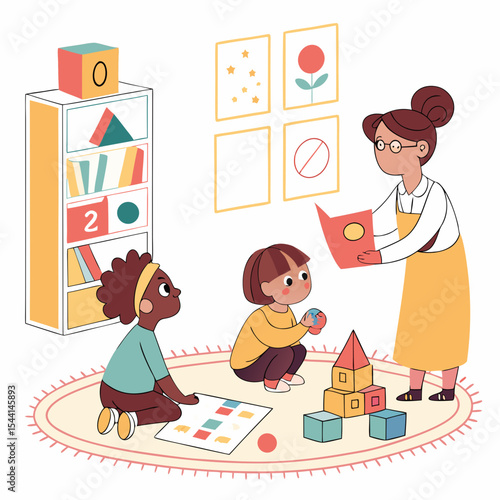 Preschool teacher with children playing educational games