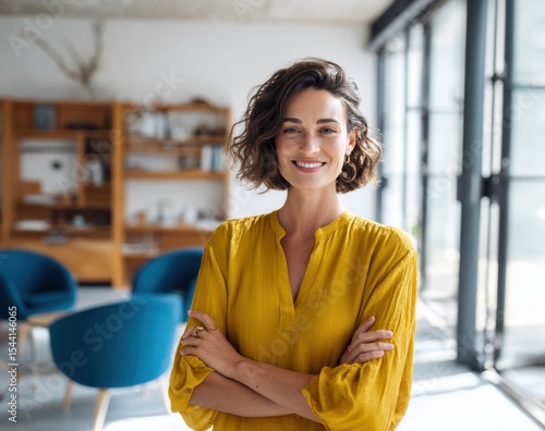 Smiling woman in yellow shirt arms crossed with modern interior background