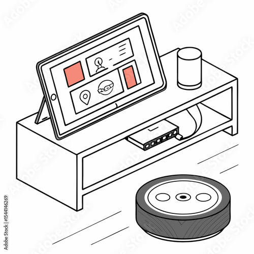 Smart home setup tablet robot vacuum cleaner isolated