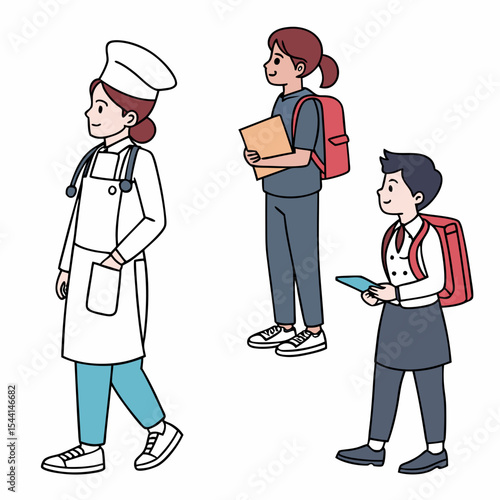 Diverse students walking to school different professions