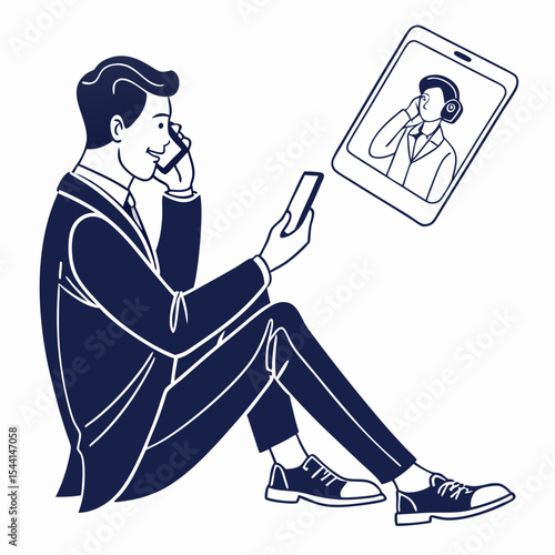 Businessman sitting floor video conference call smartphone