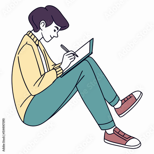 Young man sitting floor writing notebook