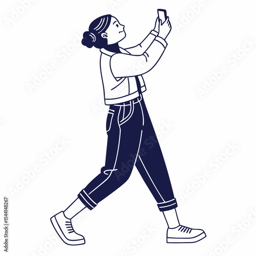 Young woman walking taking photo smartphone