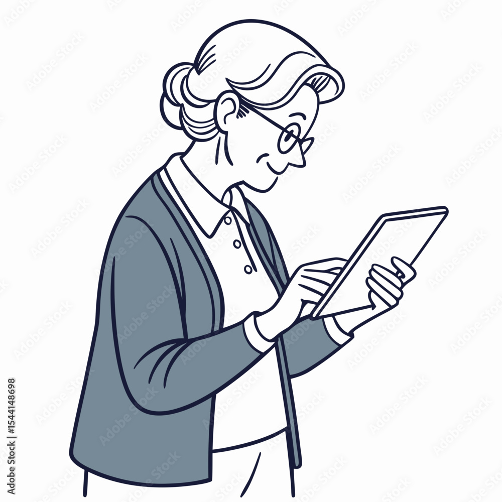 Elderly woman using tablet, clean cutout, transparent background Elderly woman using tablet, clean cutout, transparent background