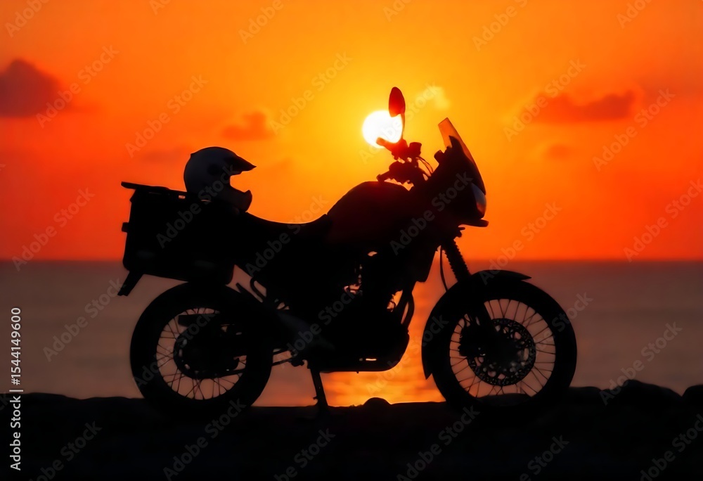Fototapeta premium Generative AI Motorcycle silhouette basks in the vibrant glow of sunset