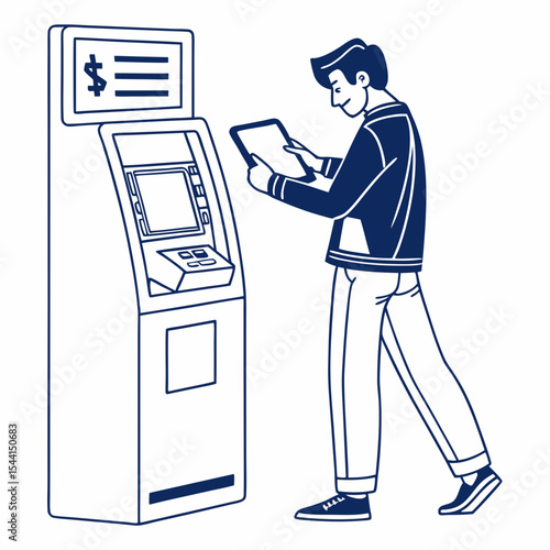 Man using tablet at atm machine banking finance