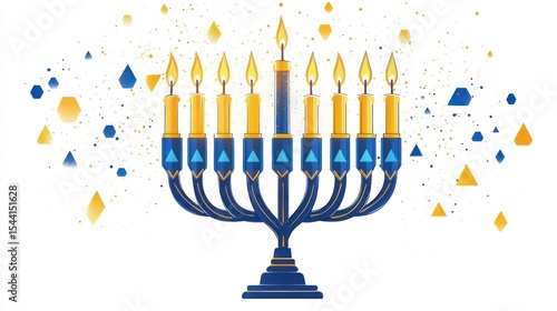 Hanukkah menorah with candles and confetti background, holiday celebration, decorative design, digital illustration, suitable for greeting cards, posters, or social media