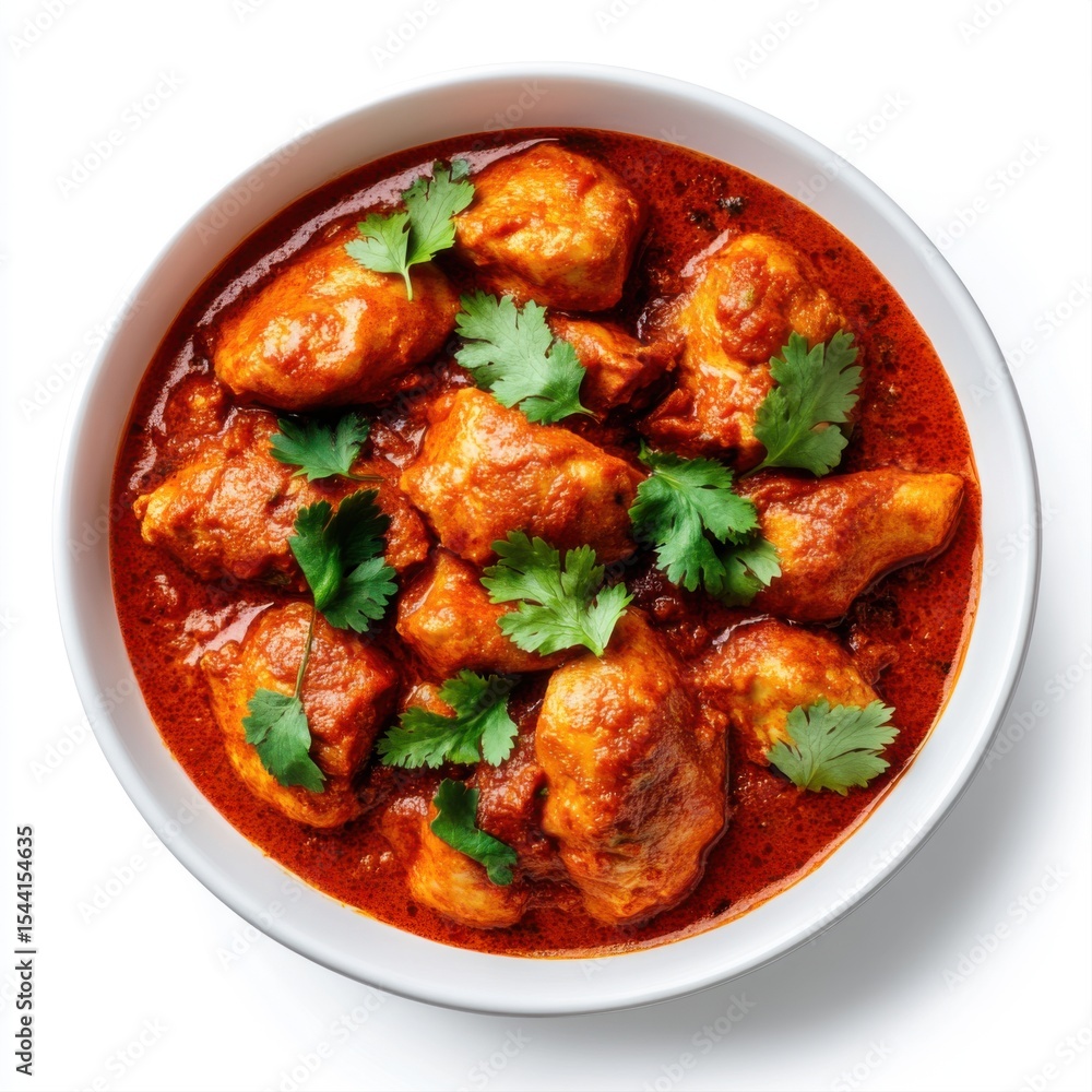 Fototapeta premium Spicy Chicken Curry Garnished with Fresh Cilantro in a White Bowl