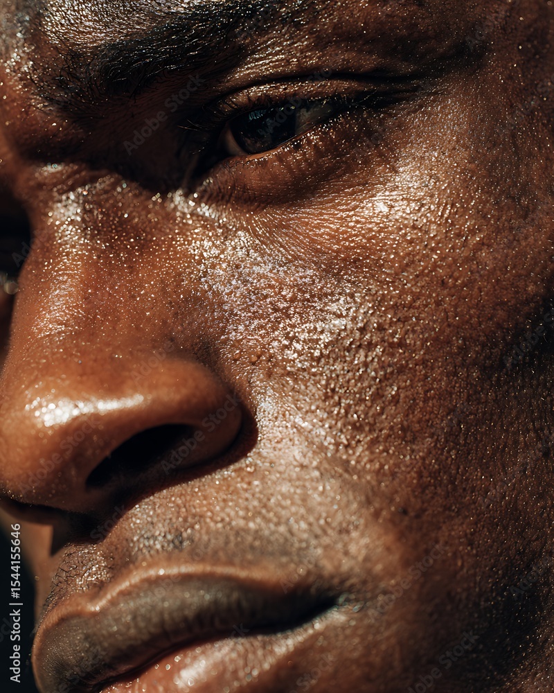 Obraz premium Focus on oily skin of black man, reflection on T-zone, shiny but healthy skin.