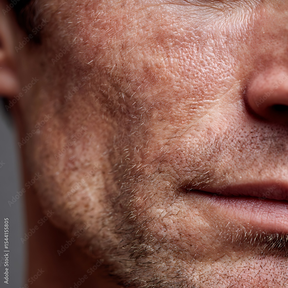 Naklejka premium close-up of white man's cheek with dry flaky skin, natural light, visible texture