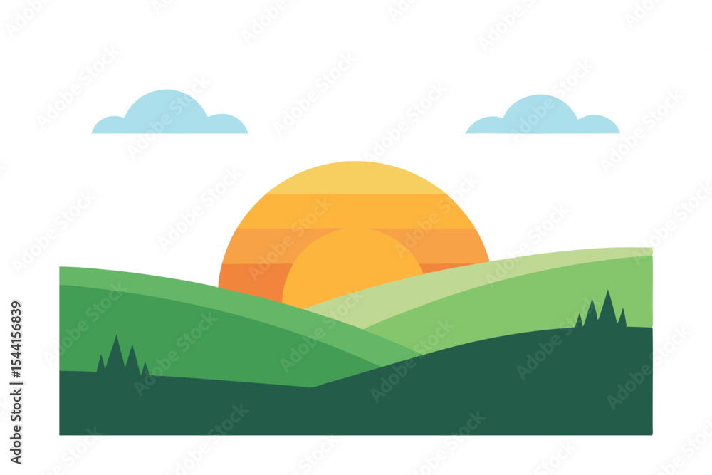 Obraz premium Serene Sunset Landscape Rolling Hills and Golden Sun Illustration
