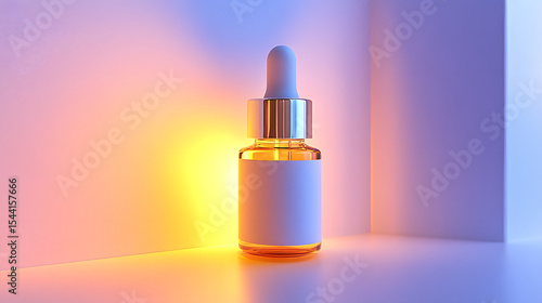 Glowing skincare serum ampoule with white label is illuminated by warm, colorful lighting, creating serene and luxurious atmosphere. dropper bottle stands elegantly on smooth surface
