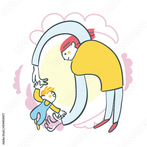 丸くつながる親子の時間　子育て支援や教育広報に使える優しい家族のイラスト ストックイラスト素材				
