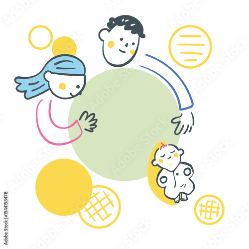 丸くつながる親子の時間　子育て支援や教育広報に使える優しい家族のイラスト ストックイラスト素材				
