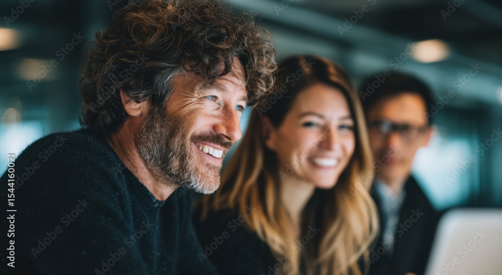 Three smiling colleagues a curlyhaired man a blonde woman an Asian man in focus from left to right Three smiling colleagues a curlyhaired man a blonde woman an Asian man in focus from left to right