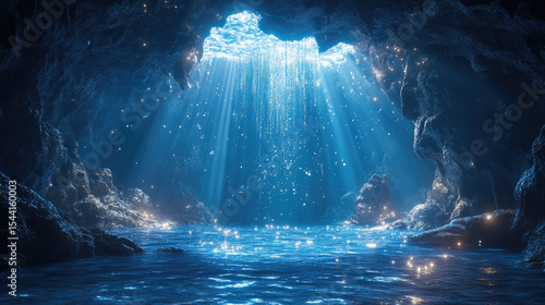 Enchanting underwater cave with shimmering light rays
