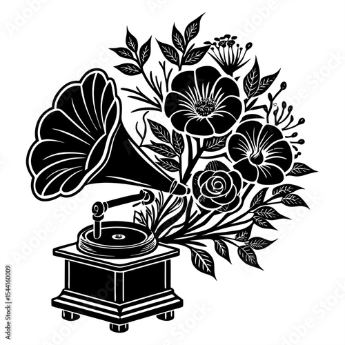 A stylized black and white illustration of a vintage gramophone, with a lush bouquet of flowers and leaves emerging from its horn, symbolizing the beautiful artistry of music.