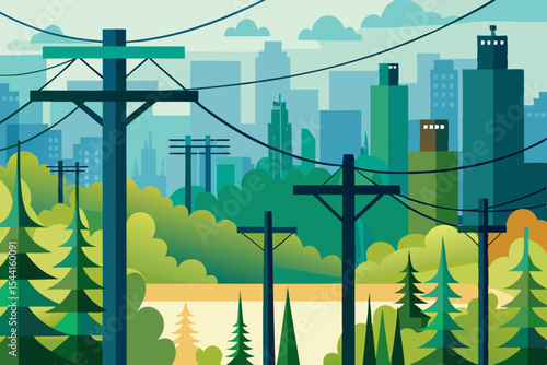 Stylized Cityscape with Power Lines and Trees a modern illustration featuring urban buildings green foliage and prominent utility poles against a blue sky backdrop
