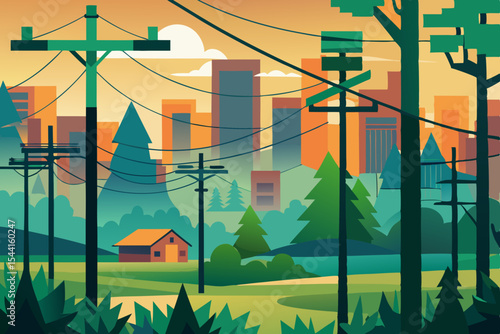 Stylized Cityscape with Nature and Power Lines featuring a small house stylized trees and a distant city skyline under a warm sky creating a peaceful