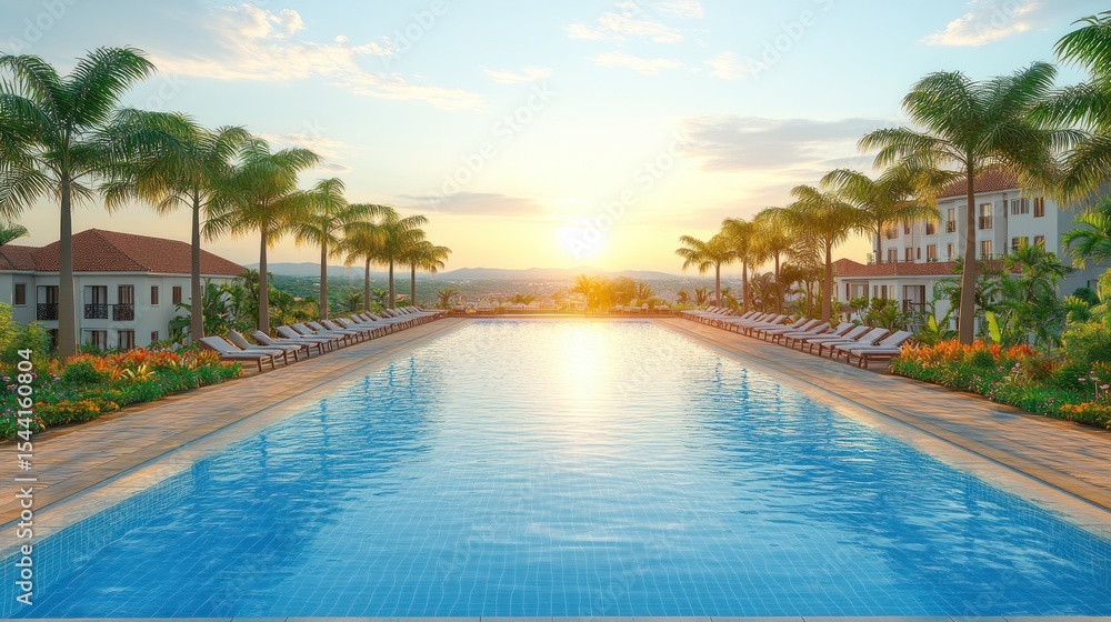 Fototapeta premium Tropical resort pool at sunset. Lush landscape