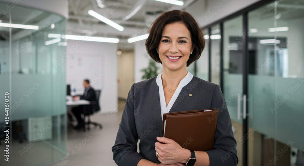 Fototapeta premium smiling female employee carrying company meeting documents