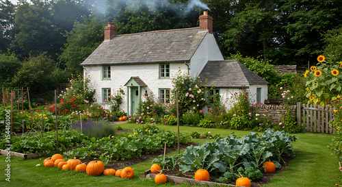 A countryside cottage with smoke rising from the chimney, surrounded by flower beds and a vegetable garden.
