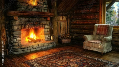 Cozy cabin interior with stone fireplace, armchair, and rug