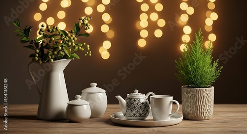 Wallpaper Mural Arrangement with Tea Set and Plant on Wooden Surface with Bokeh Lights Torontodigital.ca