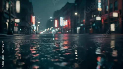 Empty Street with Neon Reflections After Rain