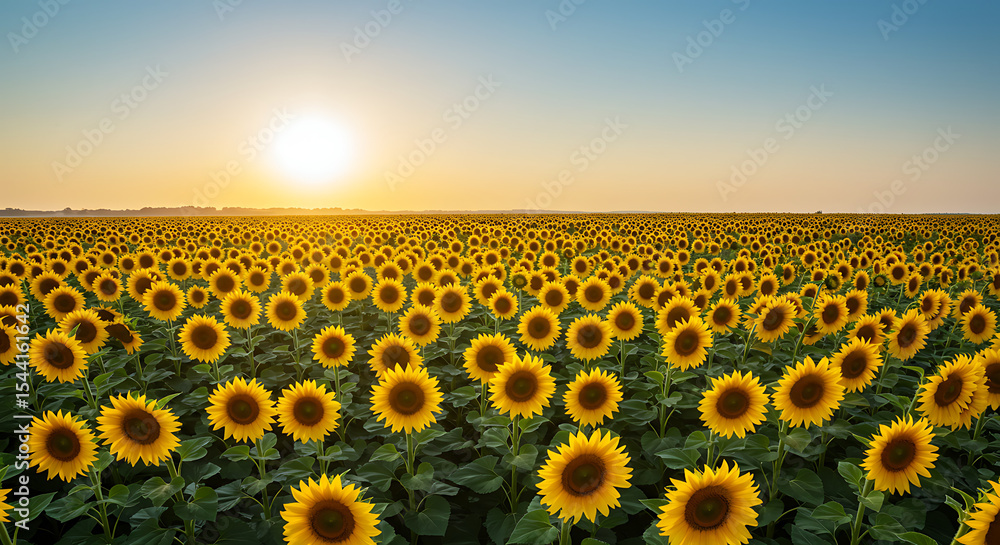 Fototapeta premium An open field of sunflowers facing the morning sun, gently moving in the early breeze.